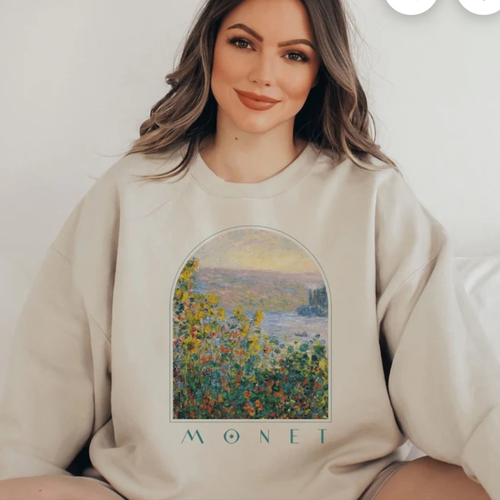 Graphic oversized sweatshirt monet art women size small tan sand color vintage